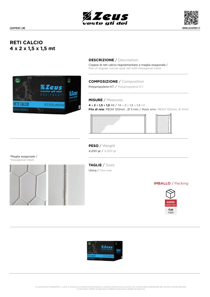 RETI CALCIO MT 4 x 2 x 1,5 x 1,5 mt